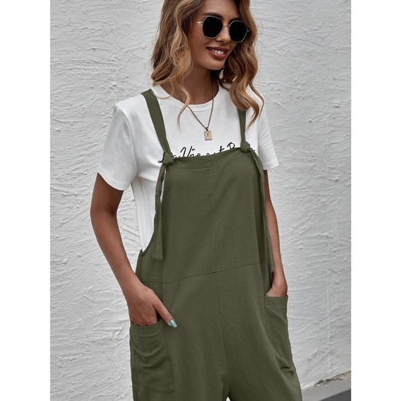 Suspender Style Overalls Wide Leg Jumpsuit with pockets boho olive green - Picture 3 of 6